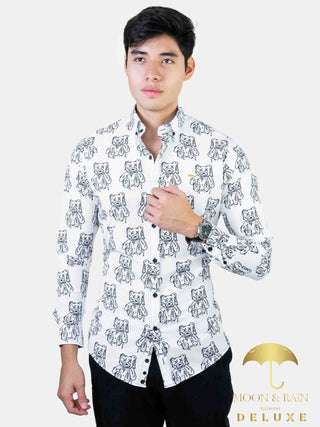 Camisa Hombre Casual Slim Fit Blanca Oso Negro Kwas