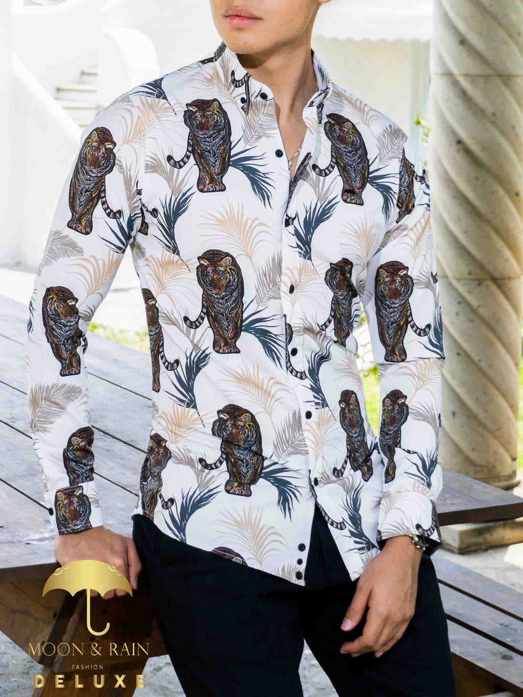Camisa Hombre Casual Slim Fit Blanco Tigre Con Hojas - 34 (S)-Tiendas Platino