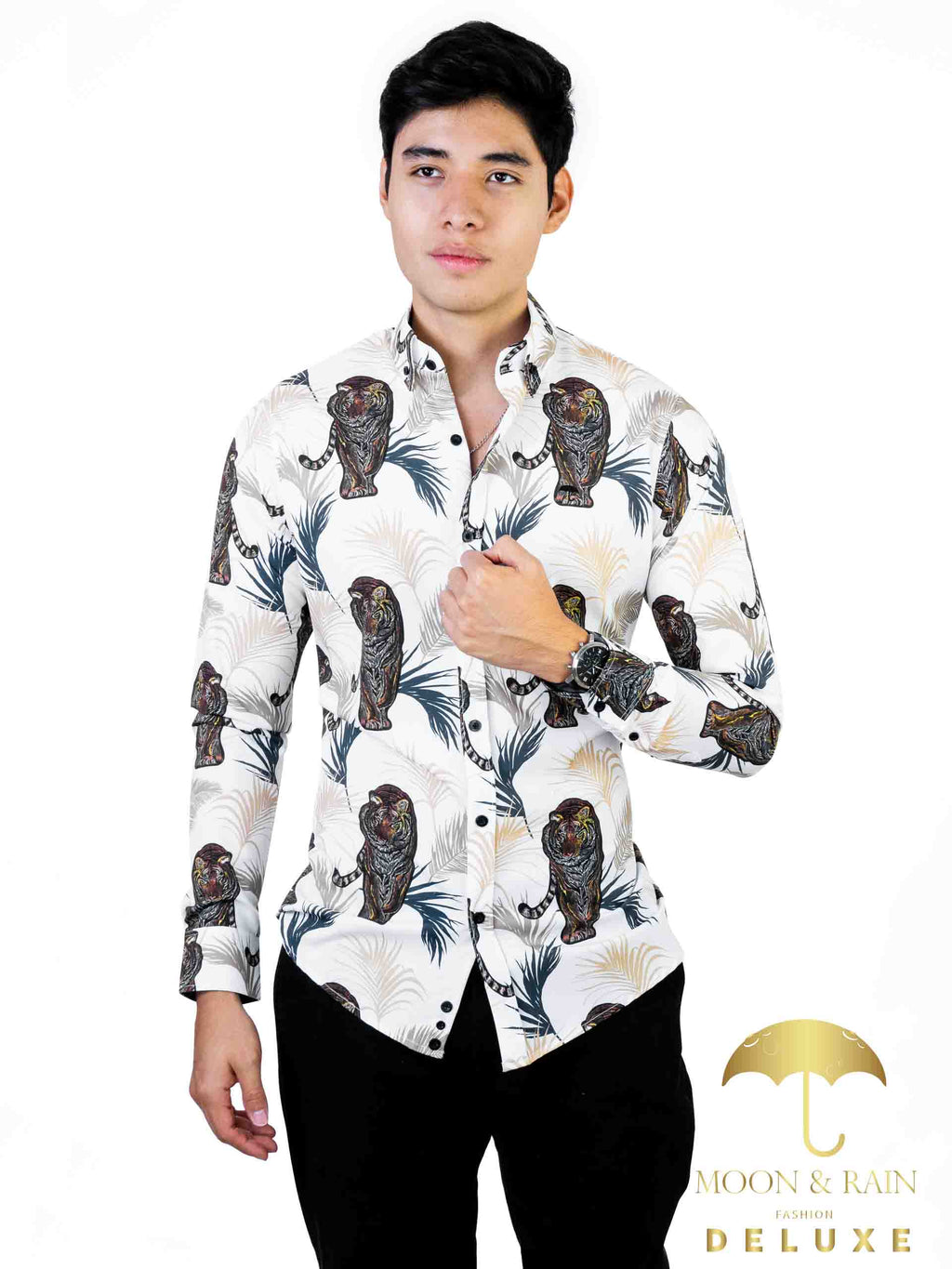 Camisa Hombre Casual Slim Fit Blanco Tigre Con Hojas - 34 (S)-Tiendas Platino