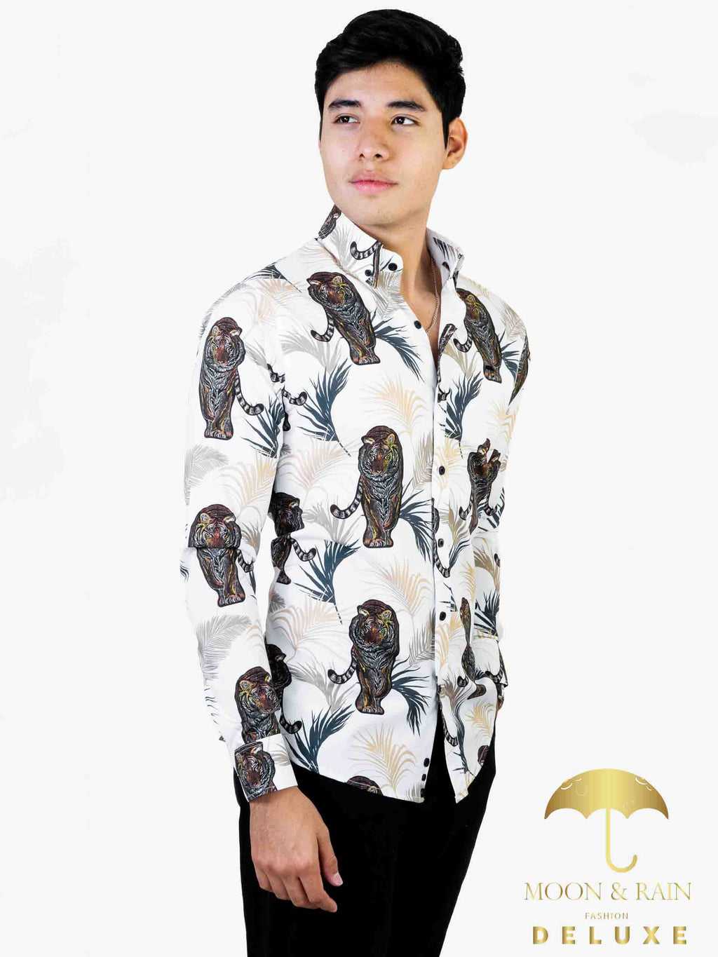 Camisa Hombre Casual Slim Fit Blanco Tigre Con Hojas - 34 (S)-Tiendas Platino