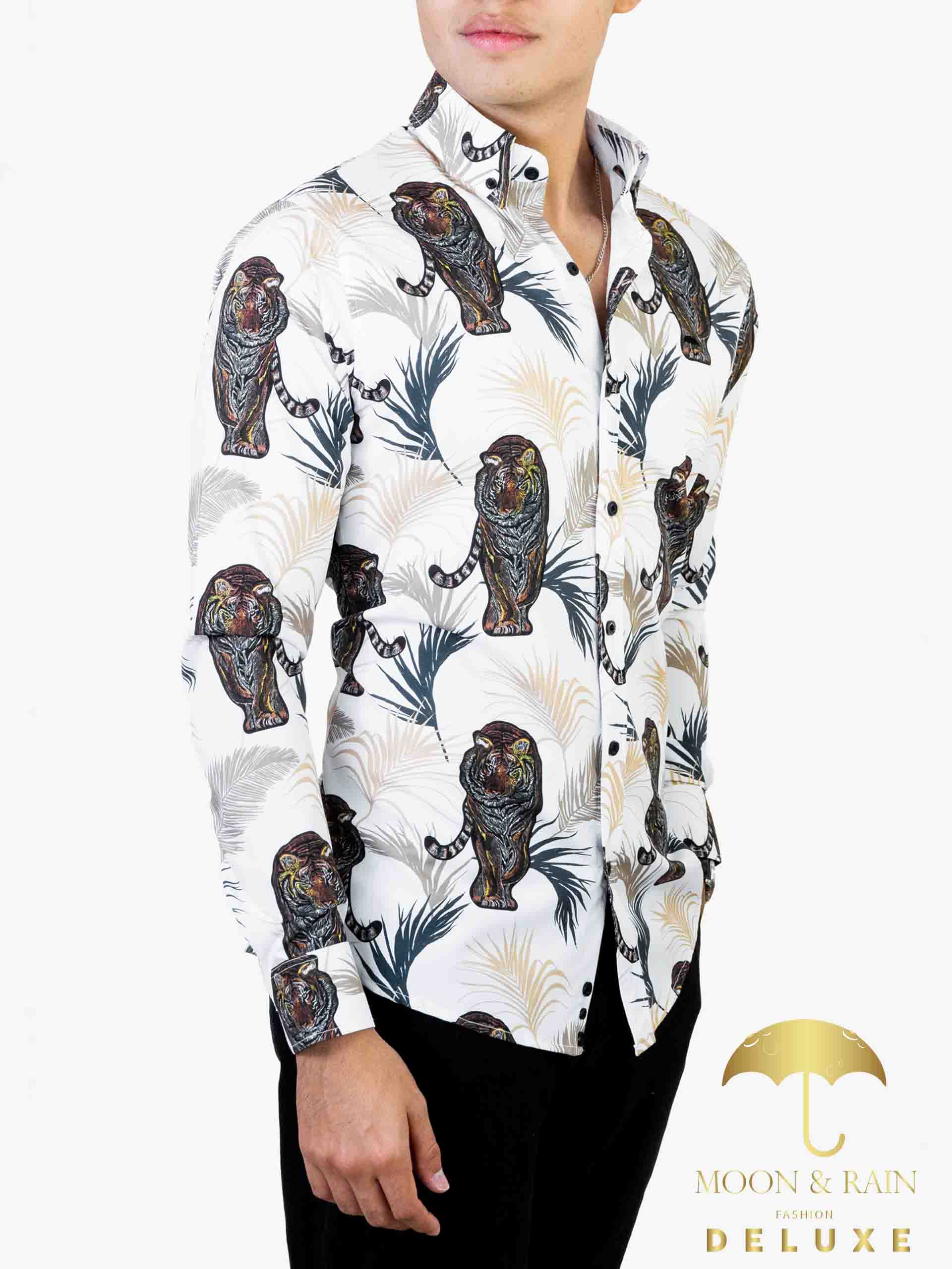 Camisa Hombre Casual Slim Fit Blanco Tigre Con Hojas - 34 (S)-Tiendas Platino