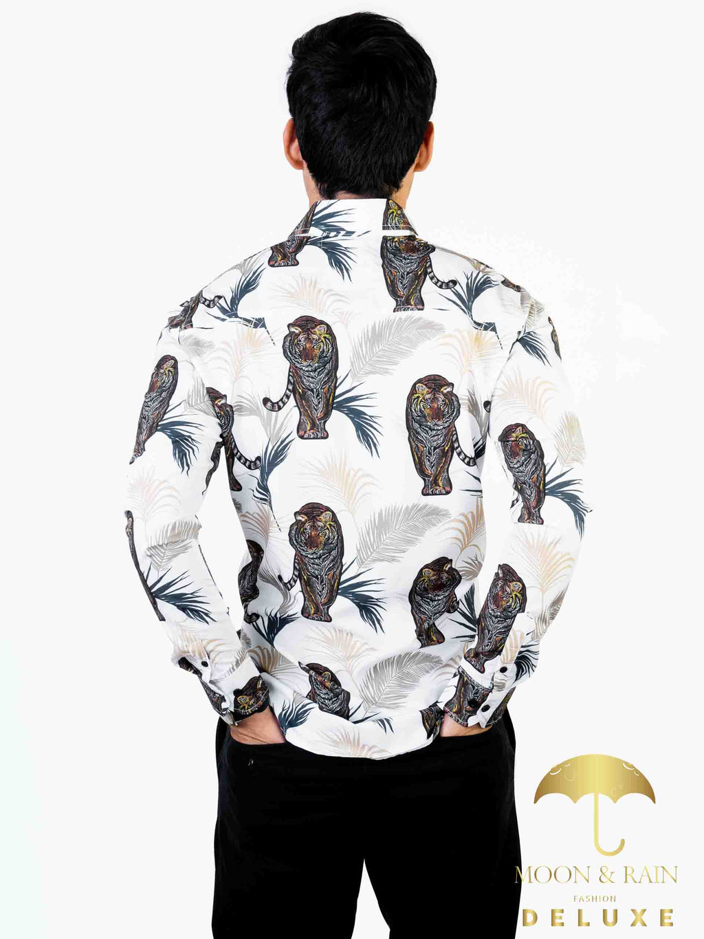 Camisa Hombre Casual Slim Fit Blanco Tigre Con Hojas - 34 (S)-Tiendas Platino