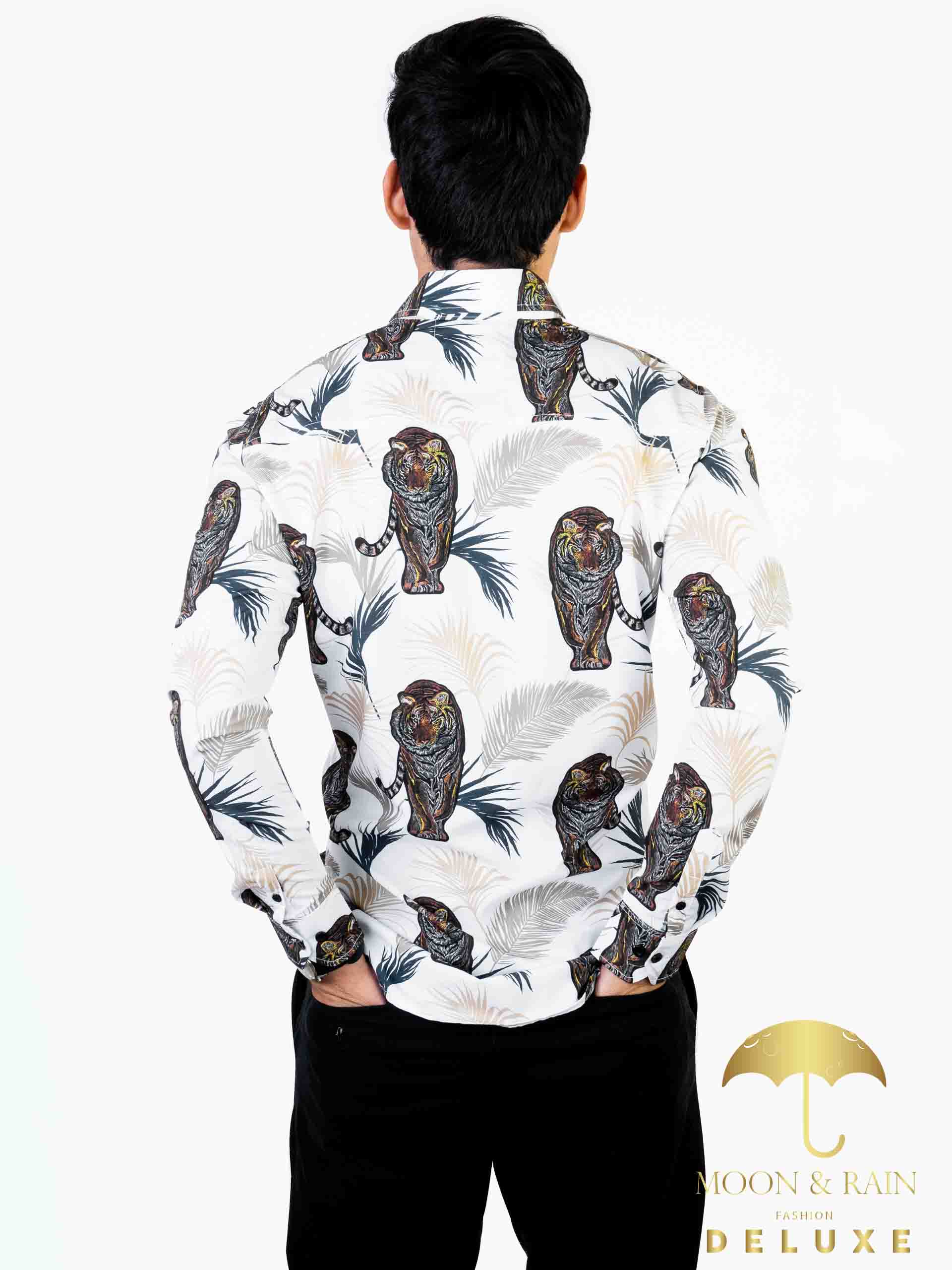Camisa Hombre Casual Slim Fit Blanco Tigre Con Hojas - 34 (S)-Tiendas Platino
