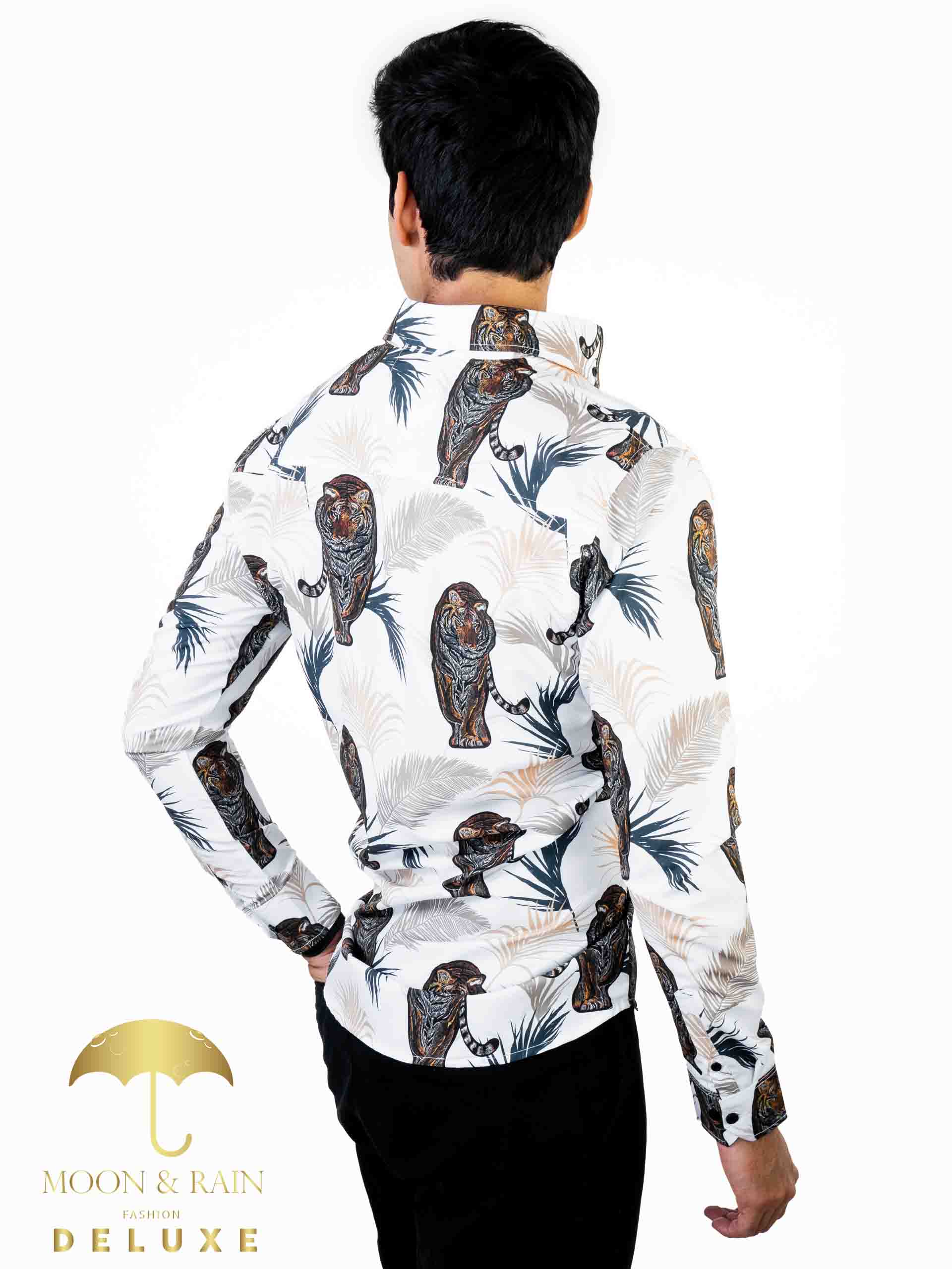 Camisa Hombre Casual Slim Fit Blanco Tigre Con Hojas - 34 (S)-Tiendas Platino