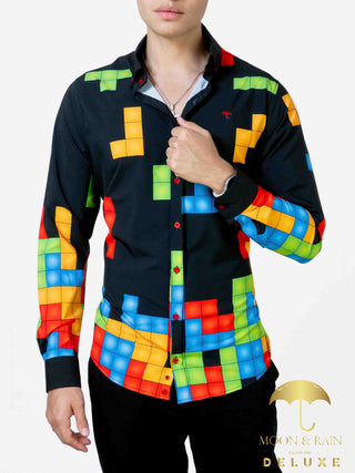 Camisa Hombre Casual Slim Fit Negra Tetris Colores