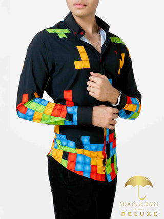 Camisa Hombre Casual Slim Fit Negra Tetris Colores