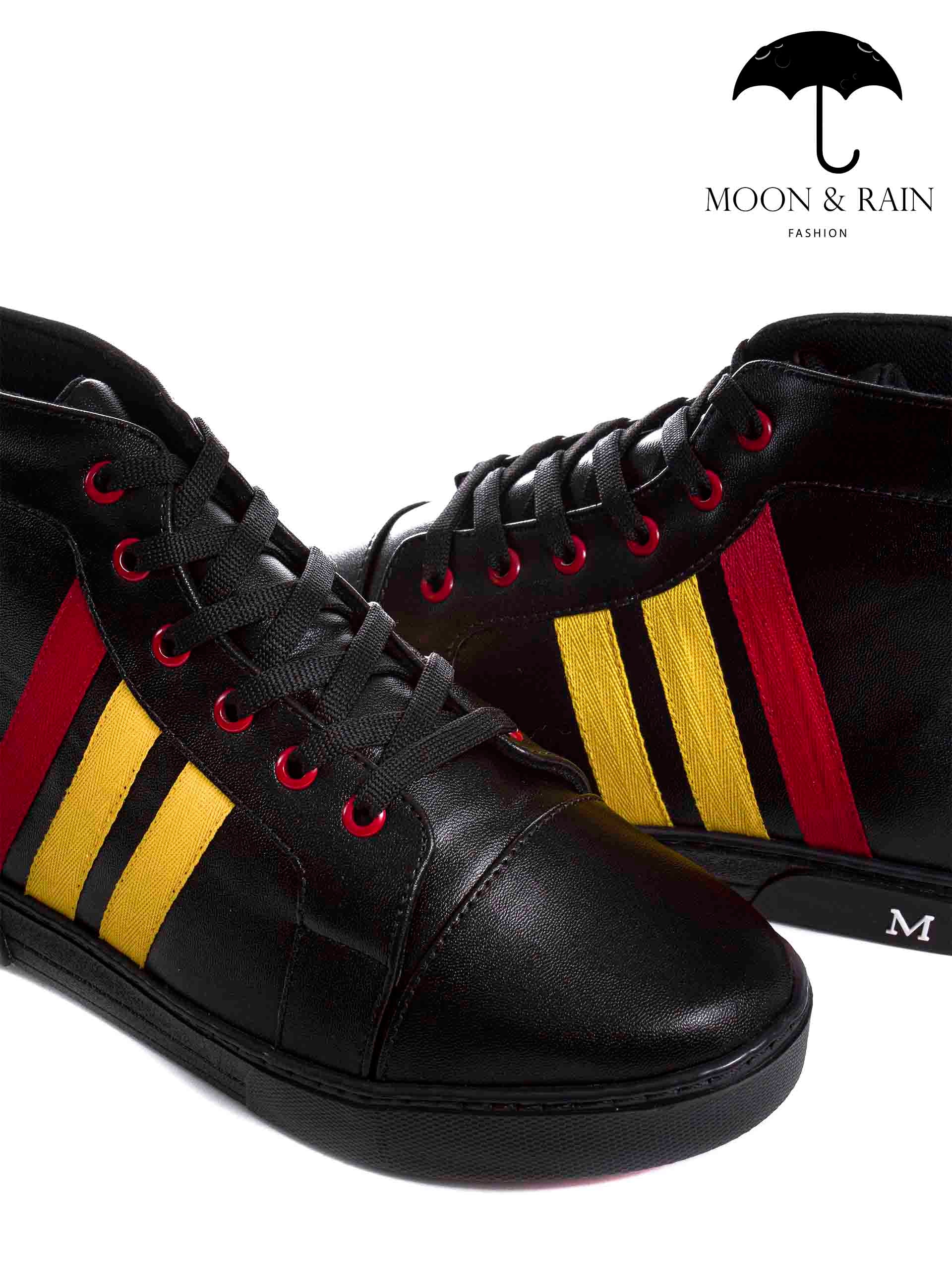 Tenis Bota Botín Negra Lisa Det. Líneas Amarillas, Rojas - Tiendas Platino Tenis Hombre 25 MX