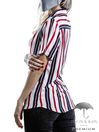 Camisa Mujer Casual Slim Fit Blanca Rayas Rojas, Marino