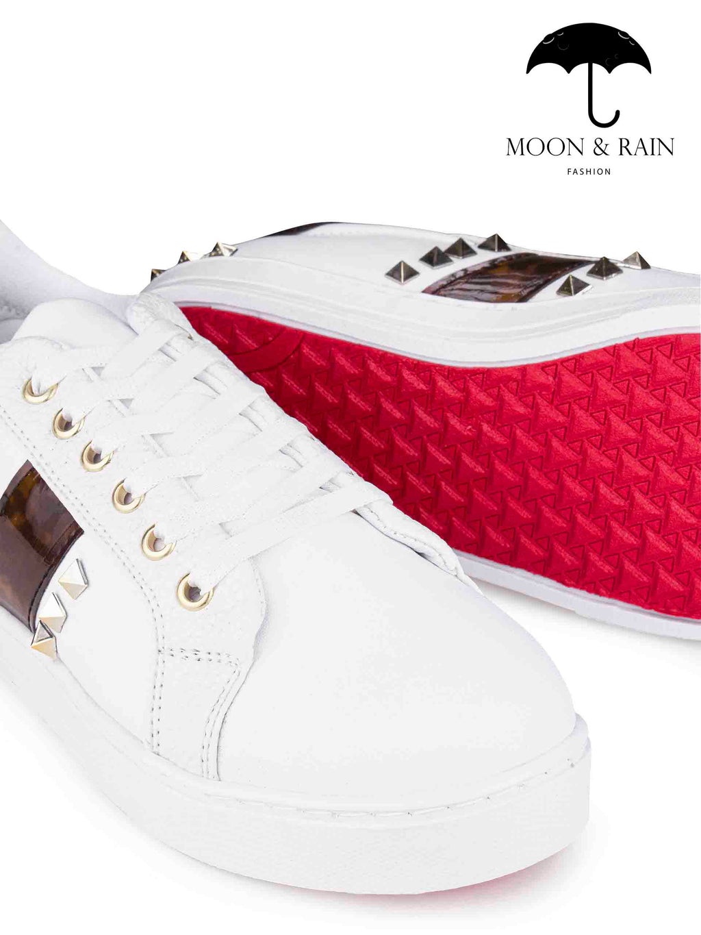 Tenis Blancos Lisos Det Franja Marrón Estoperoles Dorados - Tiendas Platino Tenis Hombre 25 MX