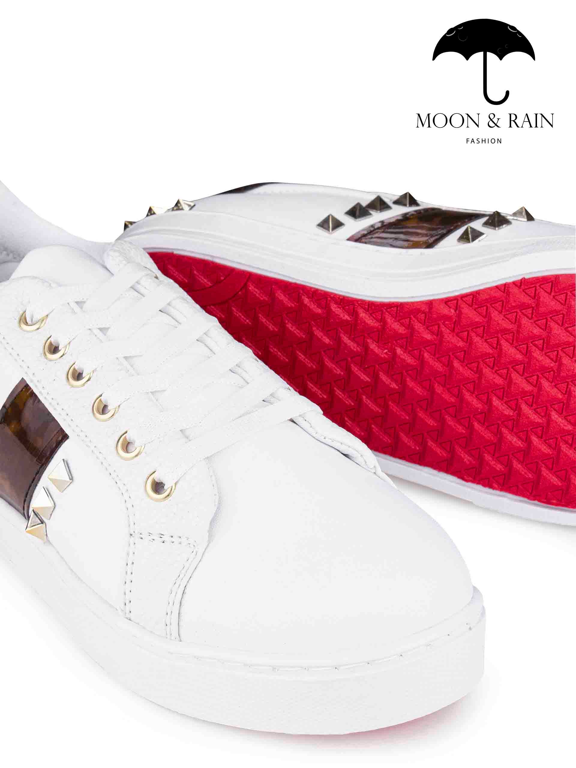Tenis Blancos Lisos Det Franja Marrón Estoperoles Dorados - Tiendas Platino Tenis Hombre 25 MX