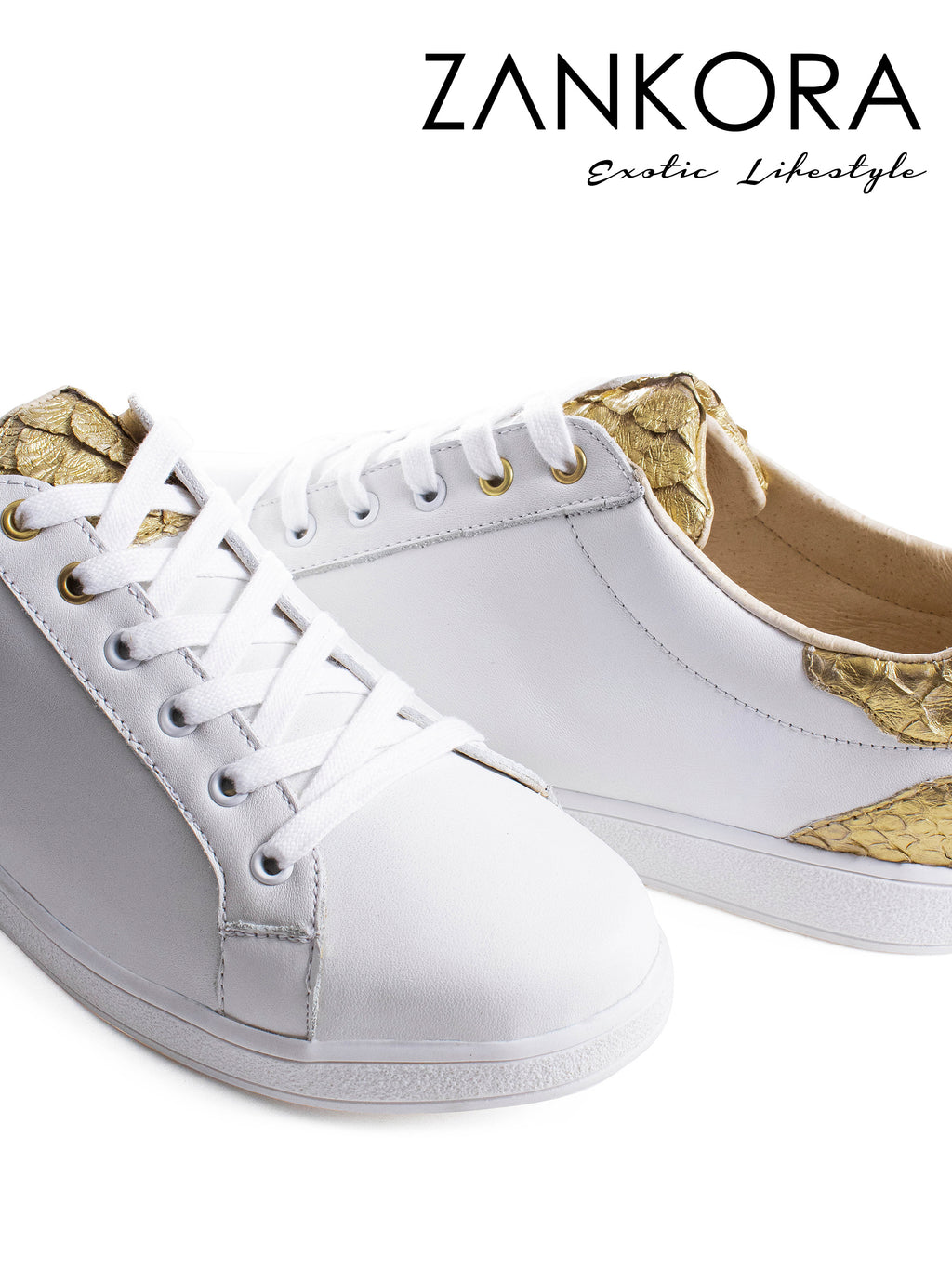 Tenis Blancos Lisos Detalles Pitón Dorado - Tiendas Platino Tenis Hombre 25 MX