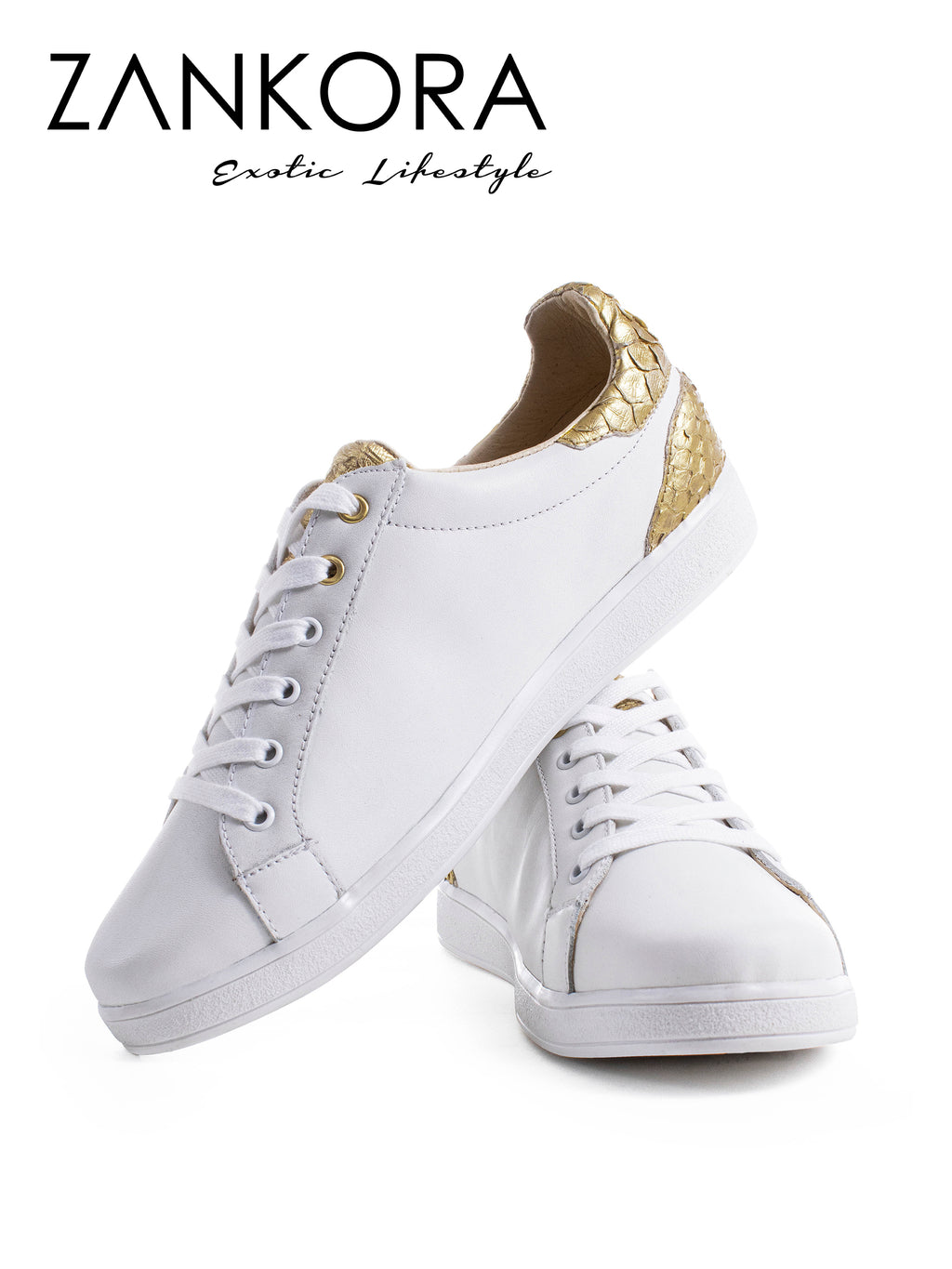 Tenis Blancos Lisos Detalles Pitón Dorado - Tiendas Platino Tenis Hombre 25 MX