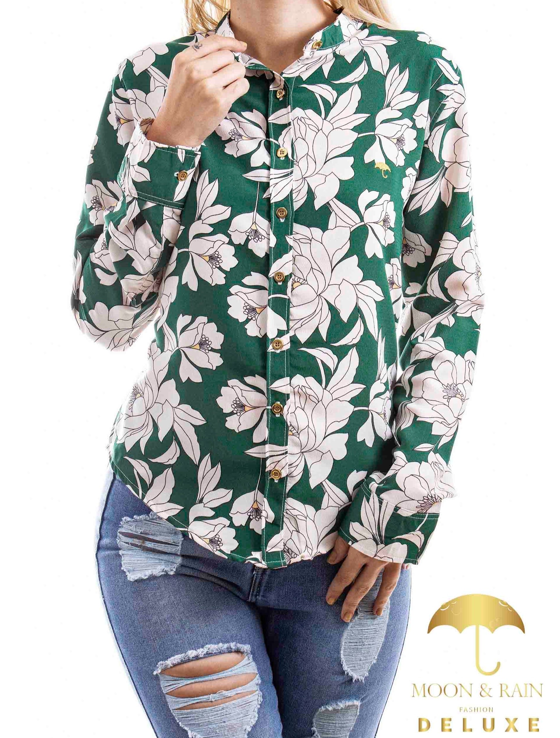 Camisa Mujer Verde Flores Blancas - 34 (S)-Tiendas Platino