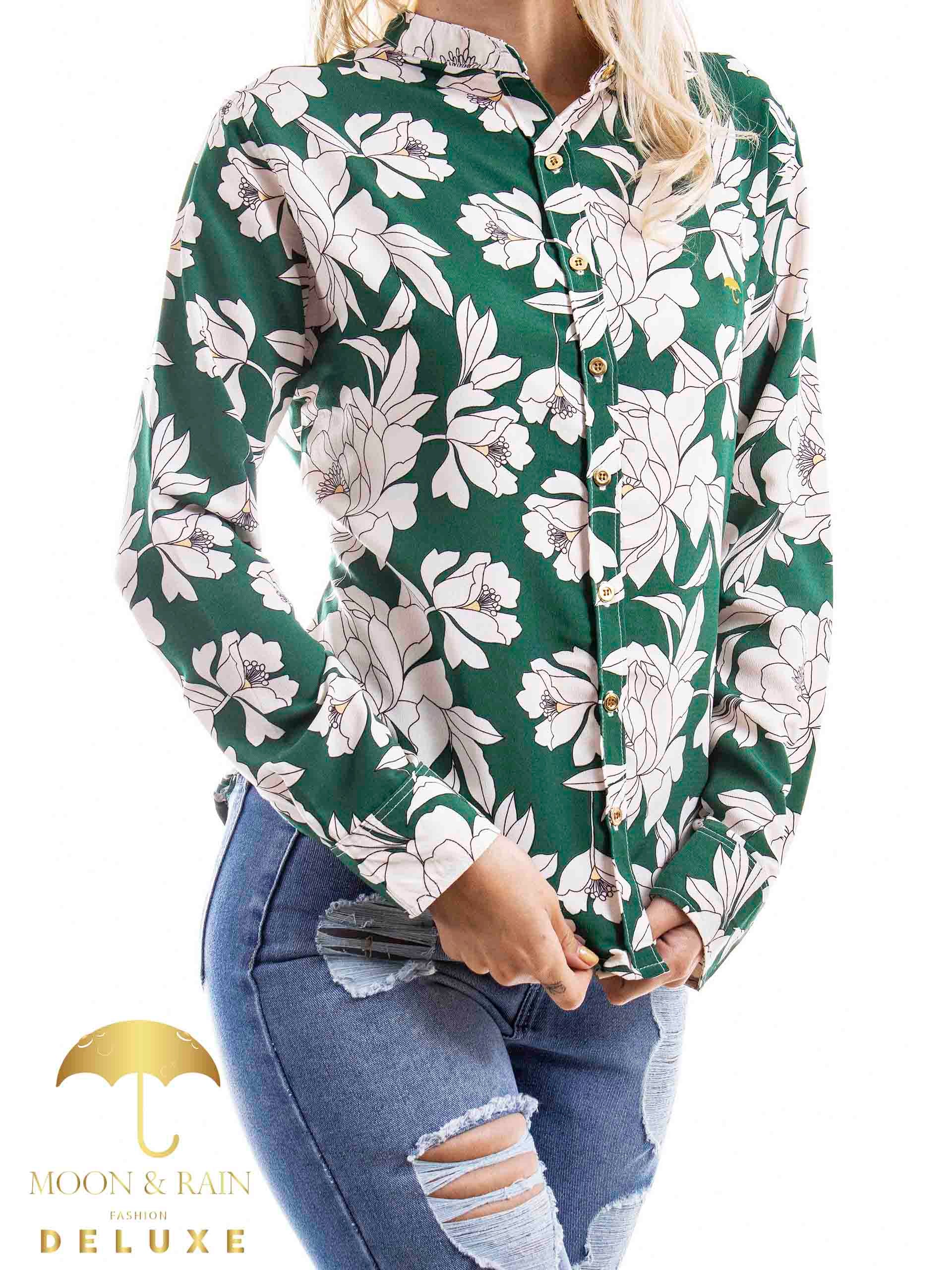 Camisa Mujer Verde Flores Blancas - 34 (S)-Tiendas Platino