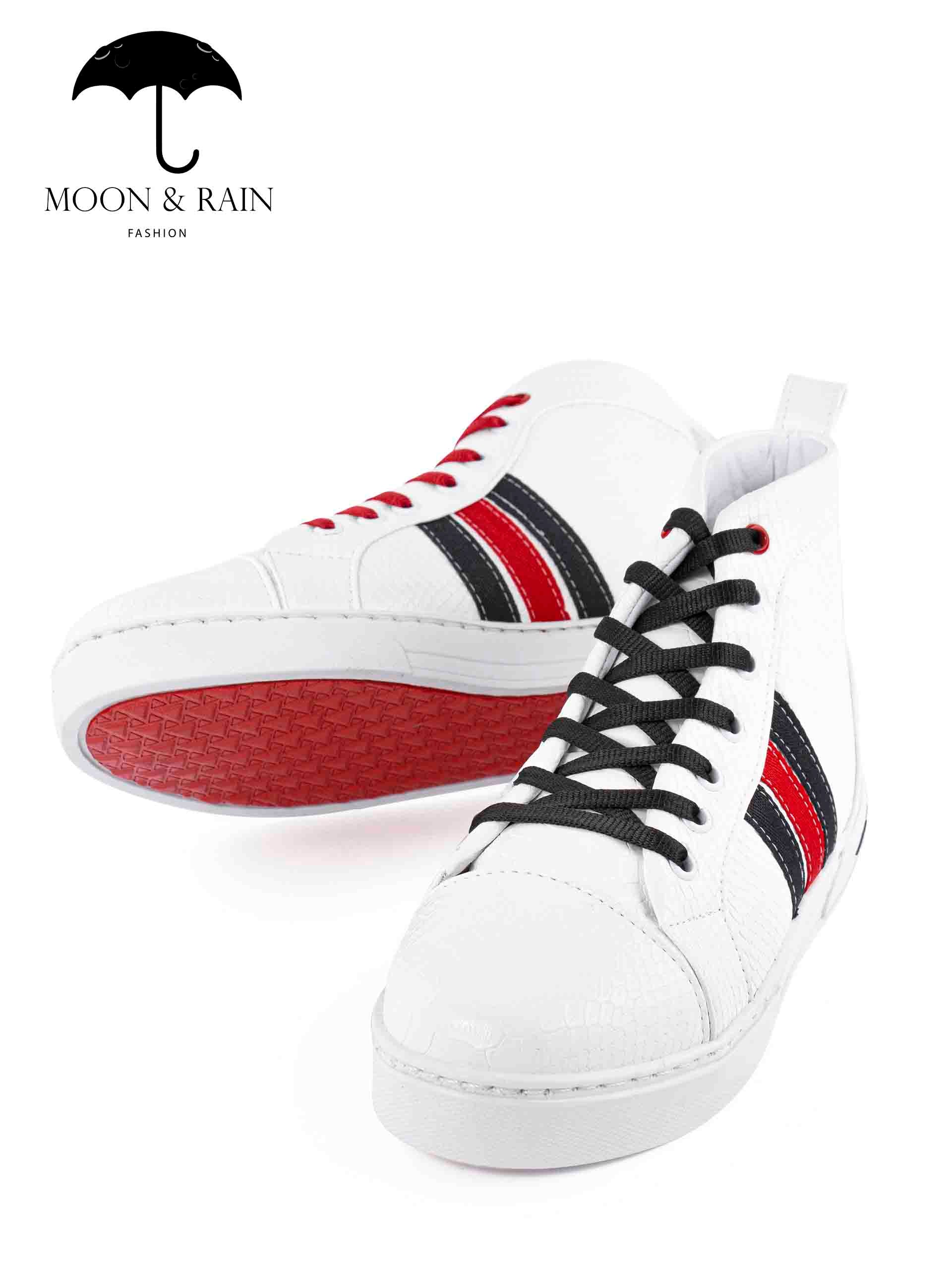 Tenis Bota Botín Blanco Texturizado Det. Líneas Negras, Rojas - Tiendas Platino Tenis Hombre 25 MX