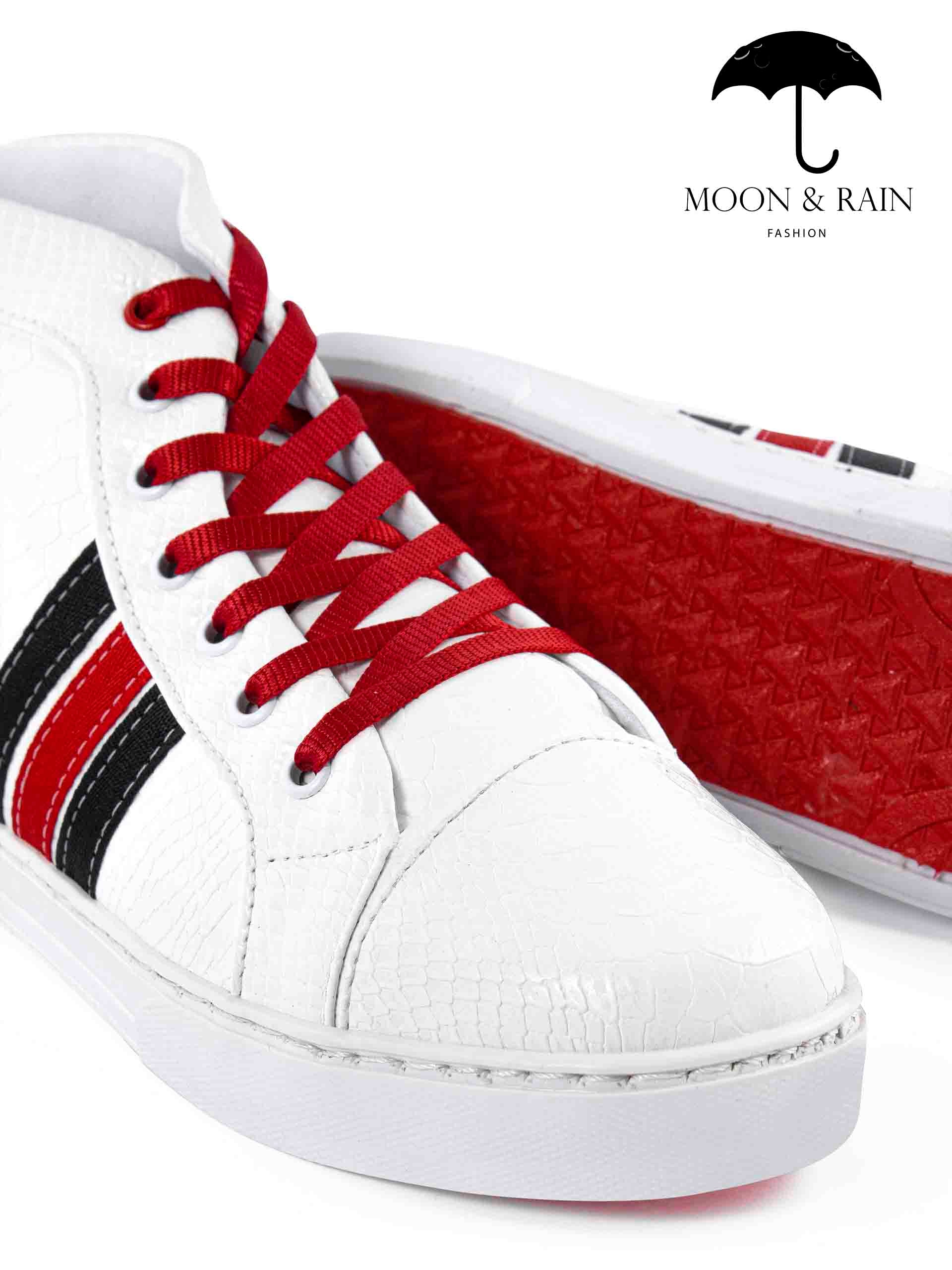 Tenis Bota Botín Blanco Texturizado Det. Líneas Negras, Rojas - Tiendas Platino Tenis Hombre 25 MX