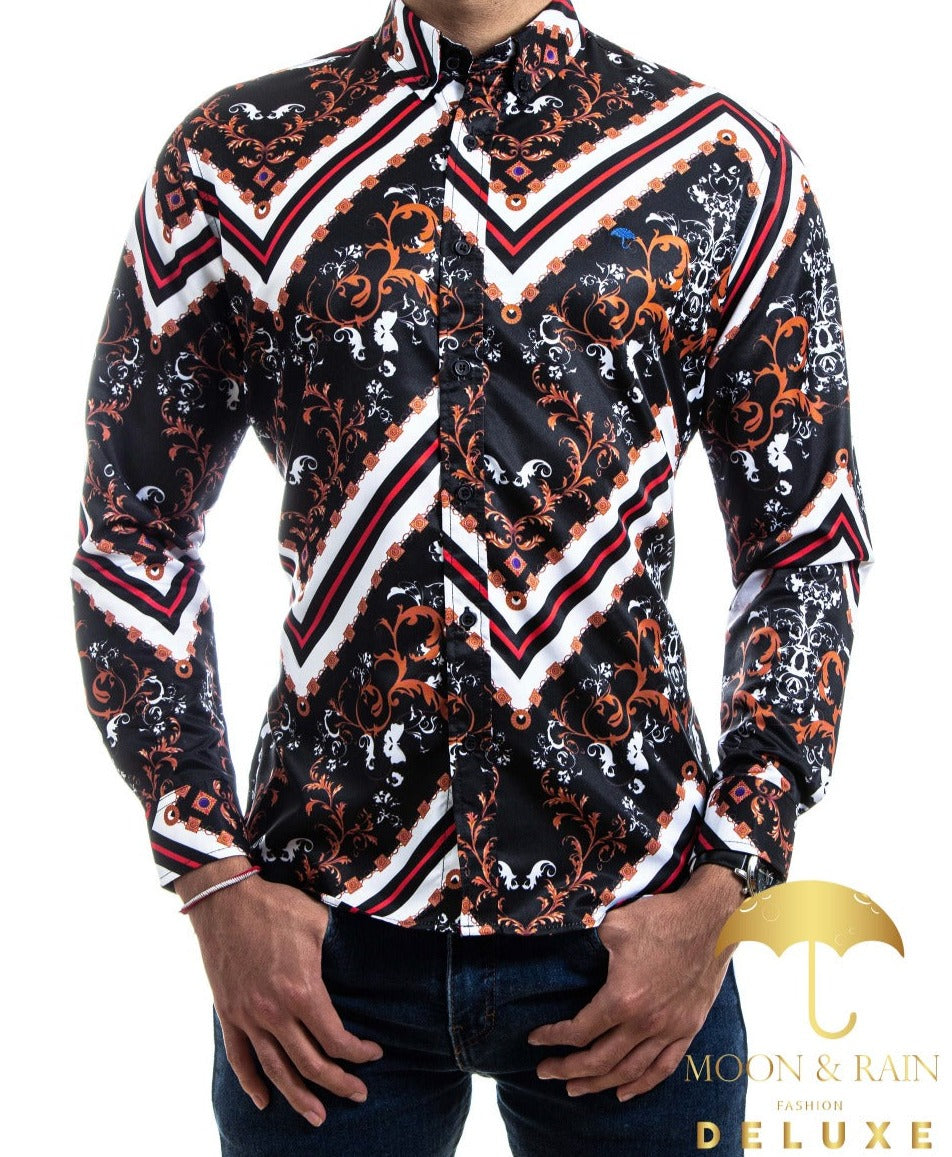Camisa Hombre Casual Slim Fit Negra Bronce Ornamento Garigoleado Líneas Blancas - 34 (S)-Tiendas Platino