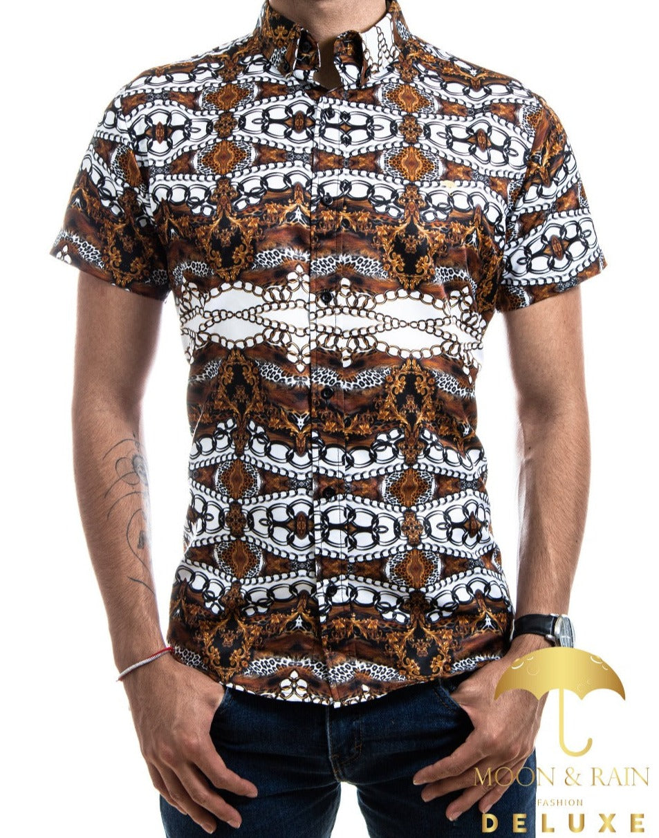 Camisa Hombre Casual Slim Fit Marrón Cadenas Blancas - 34 (S)-Tiendas Platino