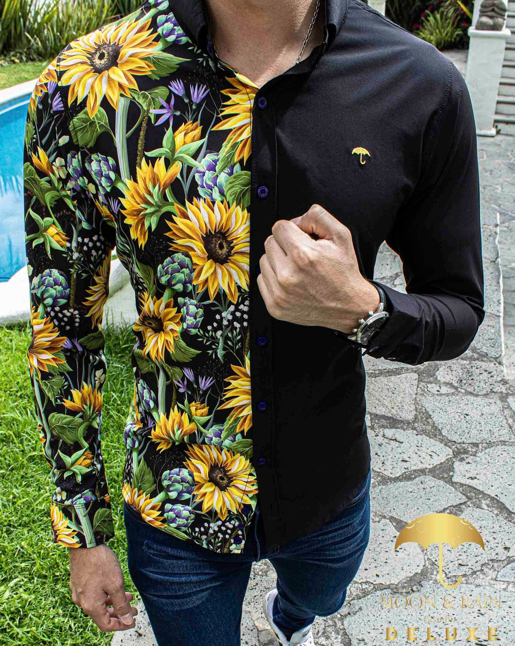 Camisa Hombre Casual Slim Fit Negra Mitad Girasoles - 34 (S)-Tiendas Platino