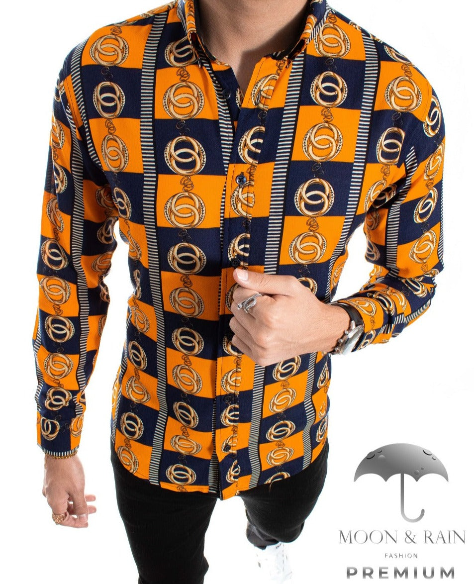 Camisa Hombre Casual Slim Fit Cuadro Marino Y Naranja Anillo - 34 (S)-Tiendas Platino