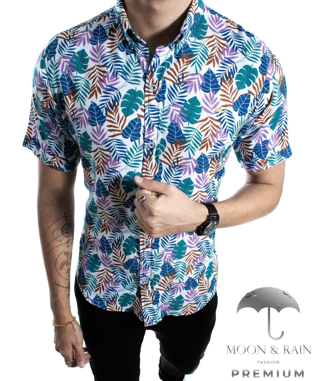 Camisa Hombre Casual Slim Fit Hojas Verdes, Rosas Y Cafés - 34 (S)-Tiendas Platino