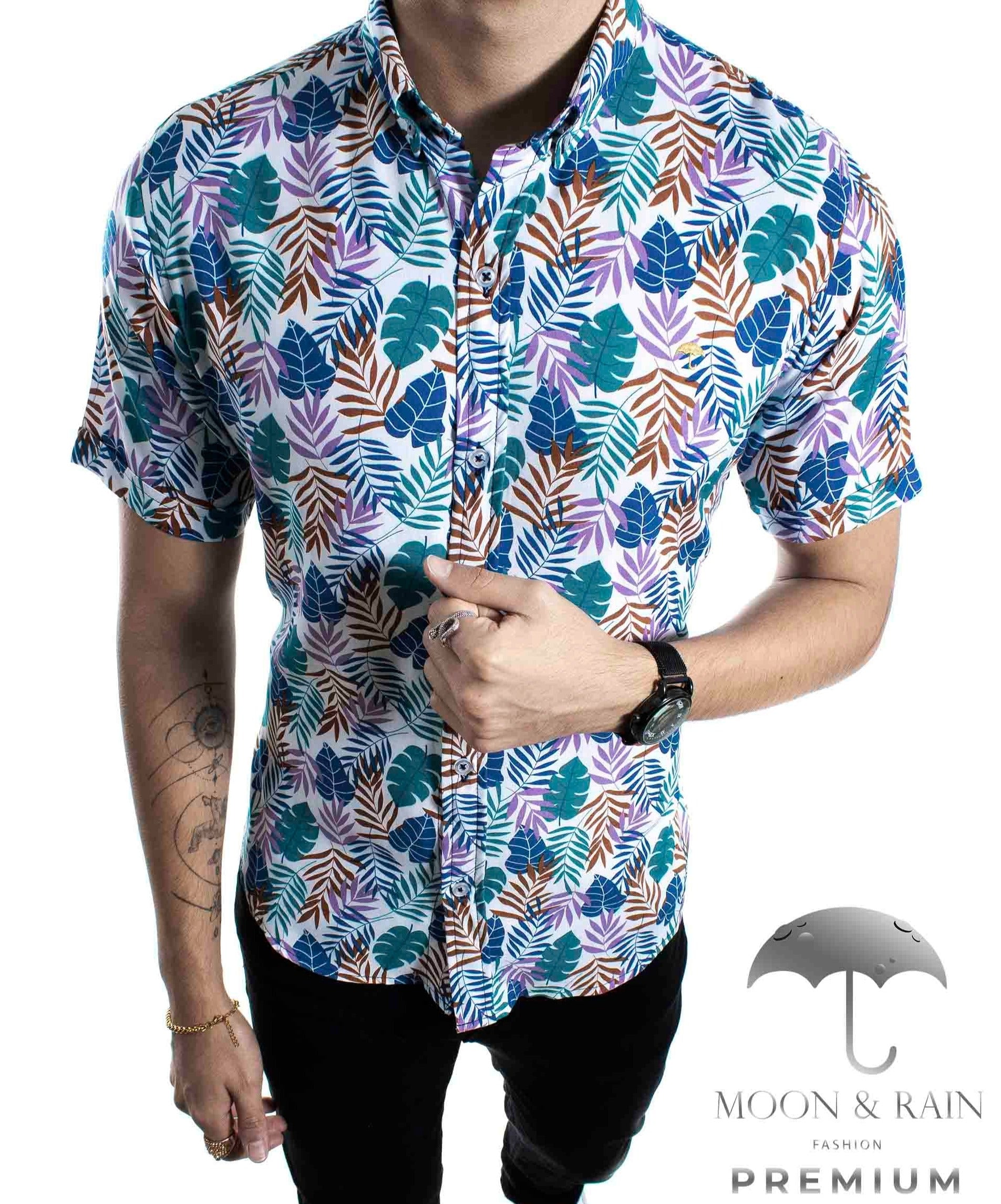 Camisa Hombre Casual Slim Fit Hojas Verdes, Rosas Y Cafés - 34 (S)-Tiendas Platino