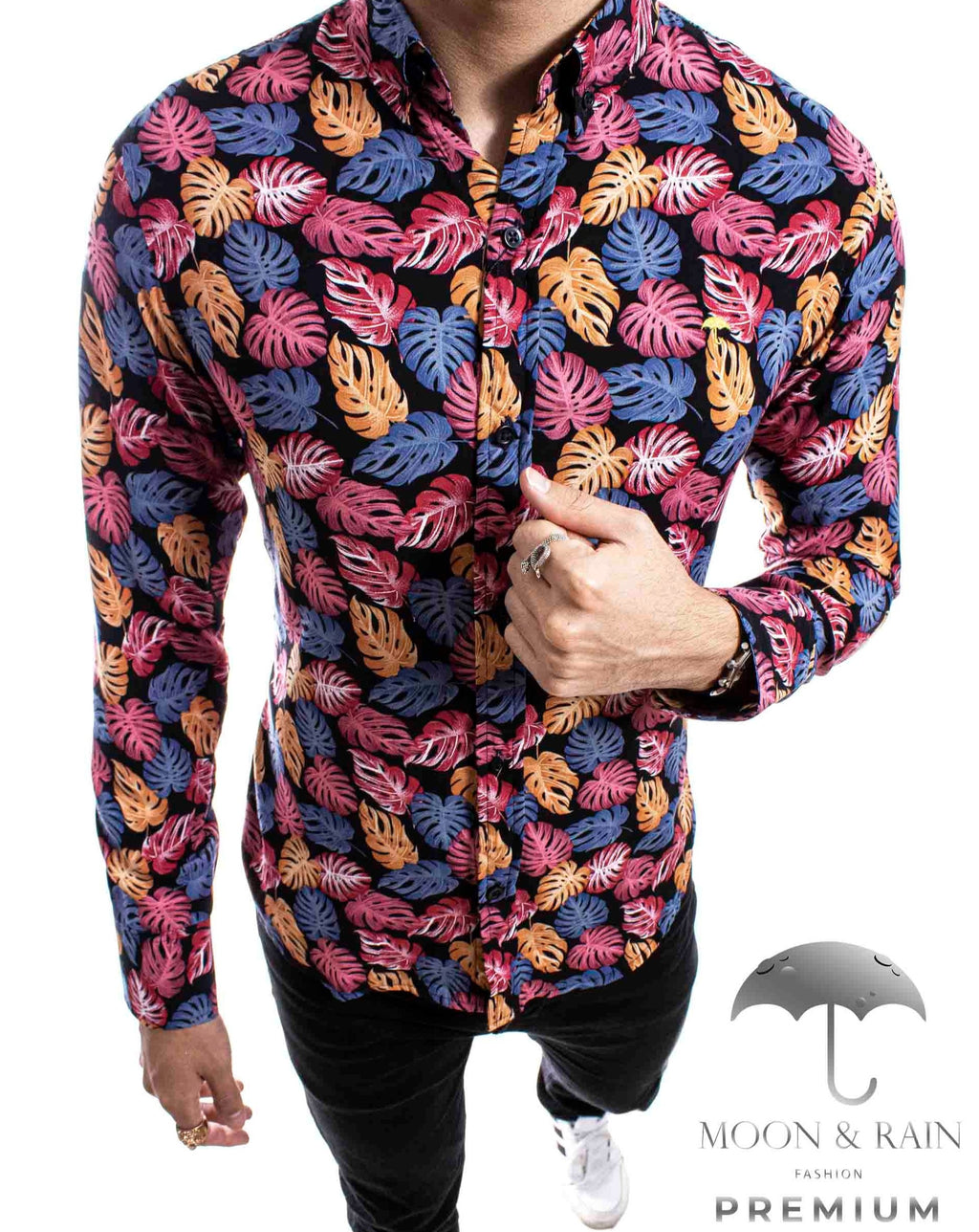 Camisa Hombre Casual Slim Fit Hojas Rosas, Naranjas M Larga - 34 (S)-Tiendas Platino