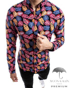 Camisa Hombre Casual Slim Fit Hojas Rosas, Naranjas M Larga - 34 (S)-Tiendas Platino