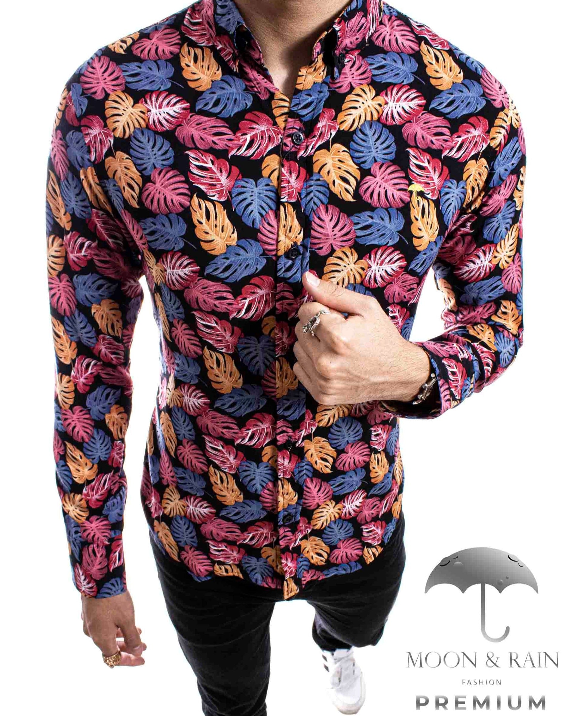 Camisa Hombre Casual Slim Fit Hojas Rosas, Naranjas M Larga - 34 (S)-Tiendas Platino