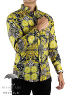 Camisa Hombre Slim Fit Figuras Amarillas, Negras - 34 (S)-Tiendas Platino