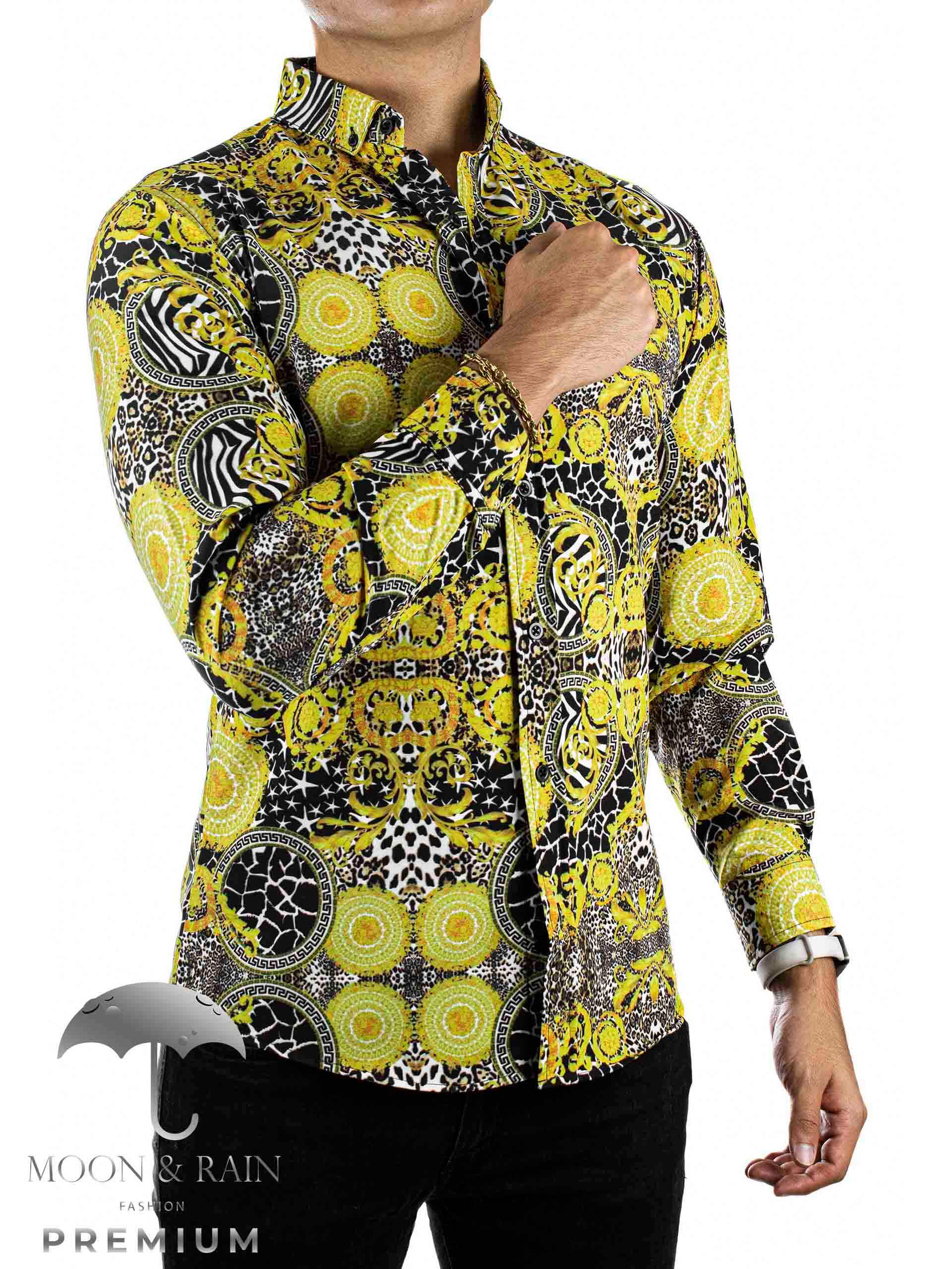 Camisa Hombre Slim Fit Figuras Amarillas, Negras - 34 (S)-Tiendas Platino