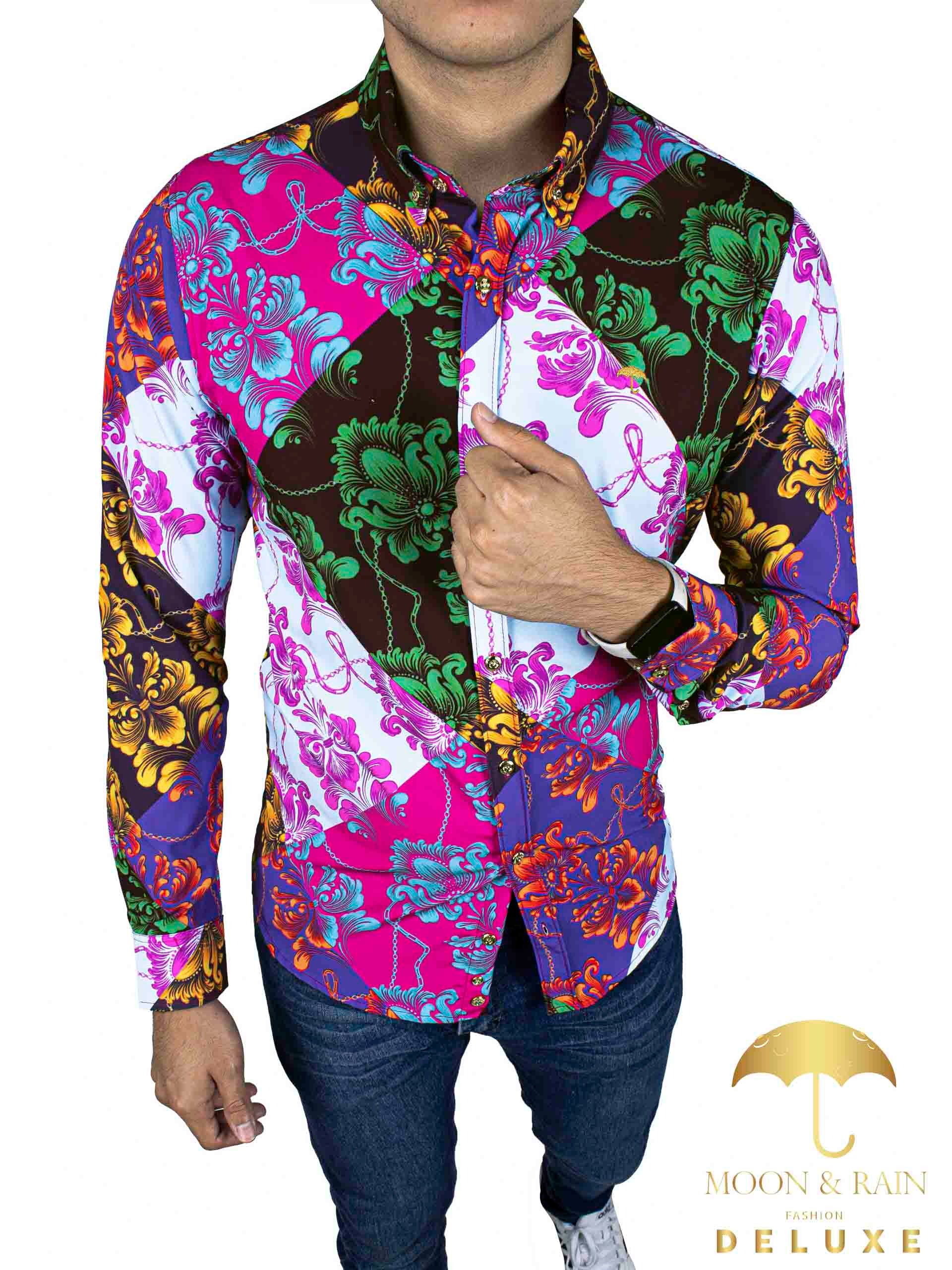 Camisa Hombre Casual Slim Fit Ornamento Multicolor - 34 (S)-Tiendas Platino