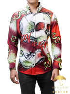 Camisa Hombre Casual Slim Fit Cráneo Rojo Y Verde, Money - 34 (S)-Tiendas Platino