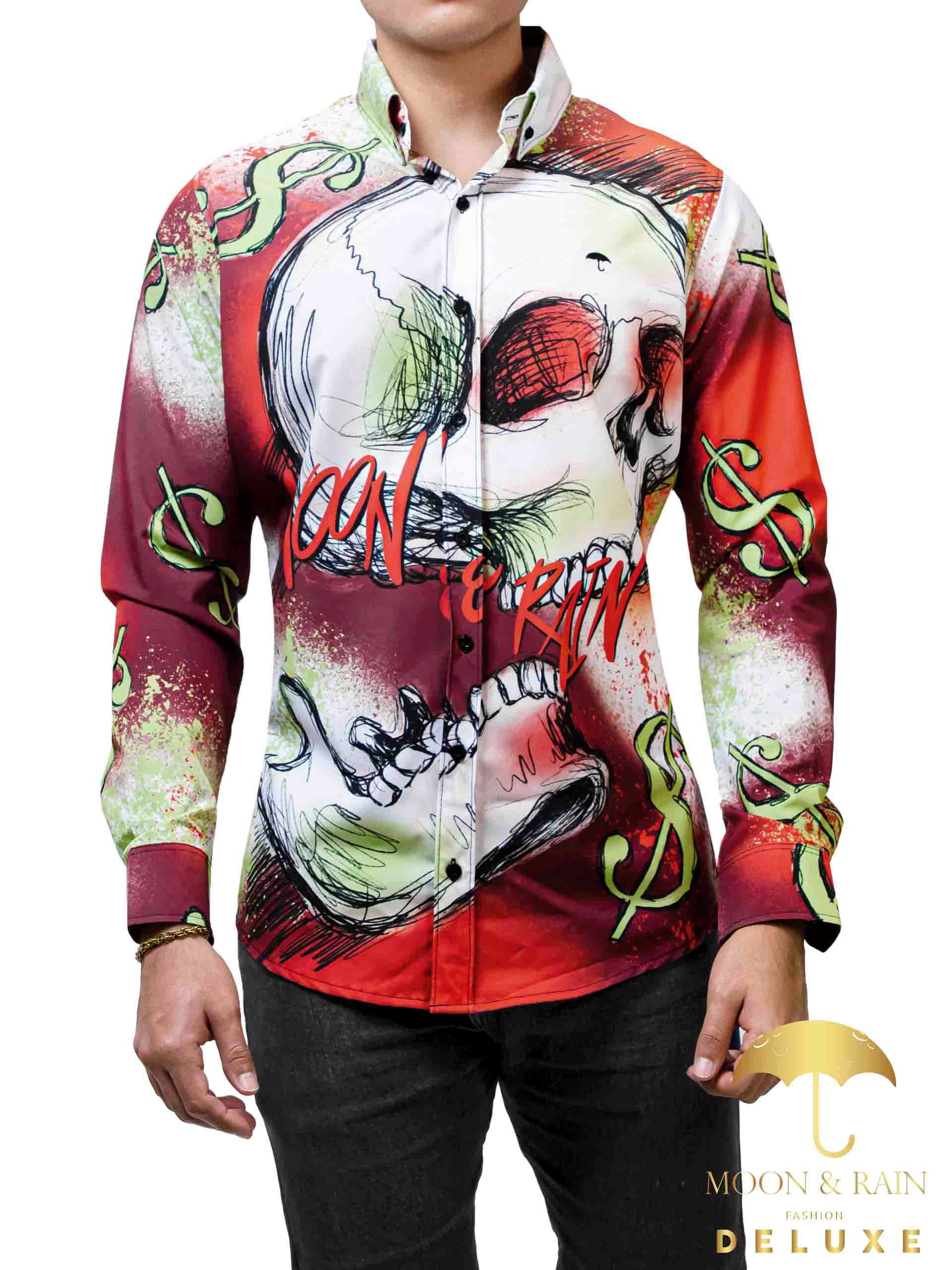 Camisa Hombre Casual Slim Fit Cráneo Rojo Y Verde, Money - 34 (S)-Tiendas Platino