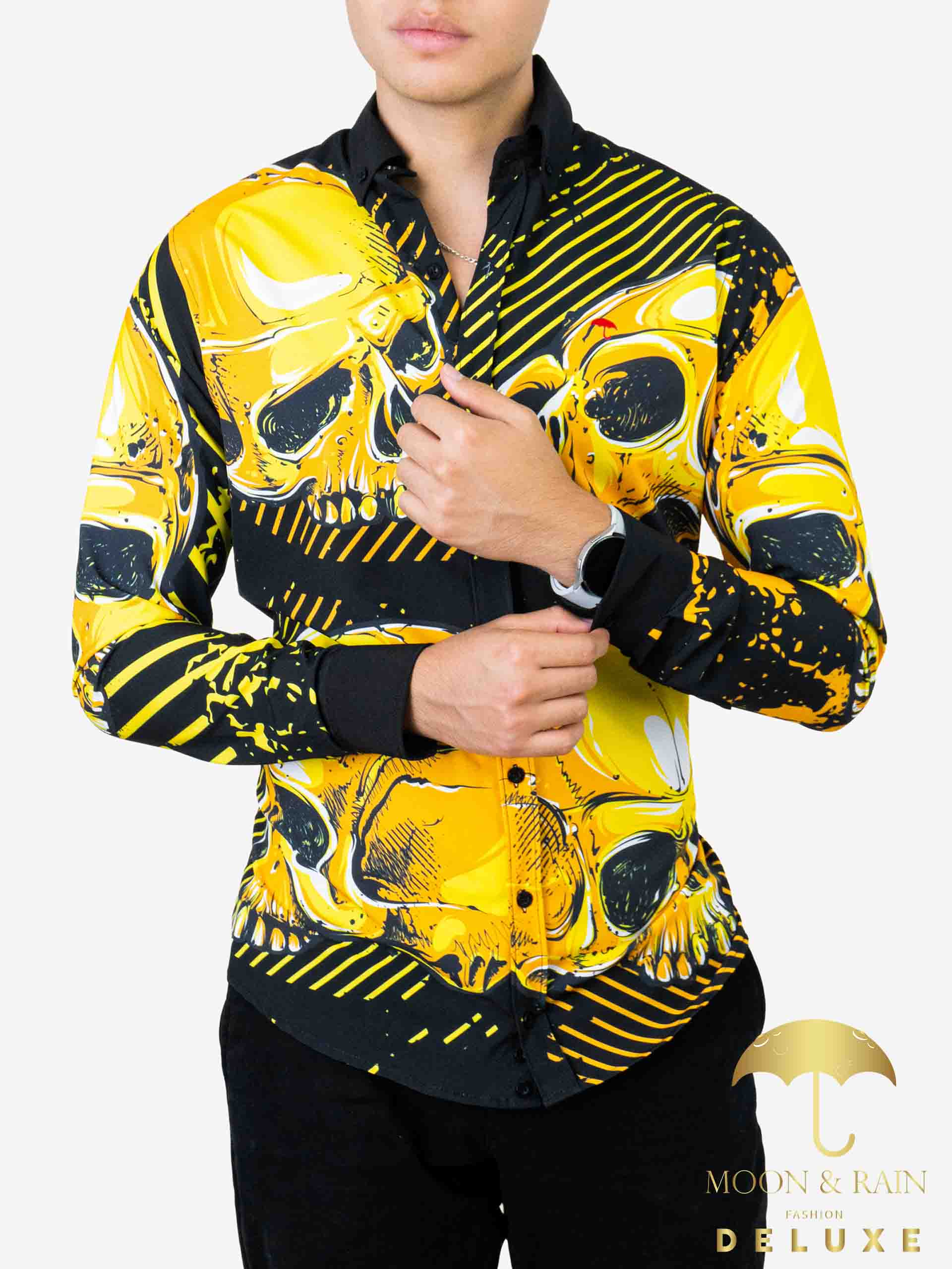 Camisa Hombre Casual Slim Fit Negro Cráneo Oro - 34 (S)-Tiendas Platino