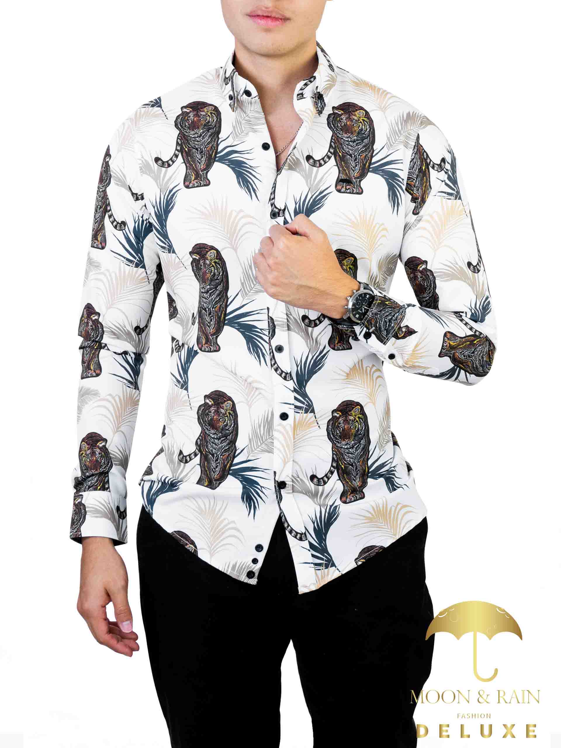 Camisa Hombre Casual Slim Fit Blanco Tigre Con Hojas - 34 (S)-Tiendas Platino