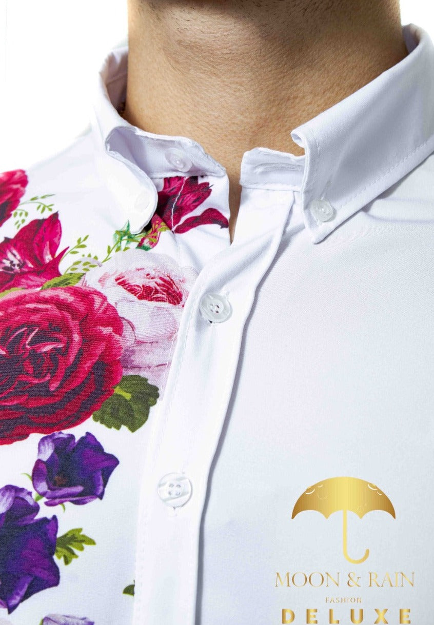 Camisa blanca con flores hombre hot sale